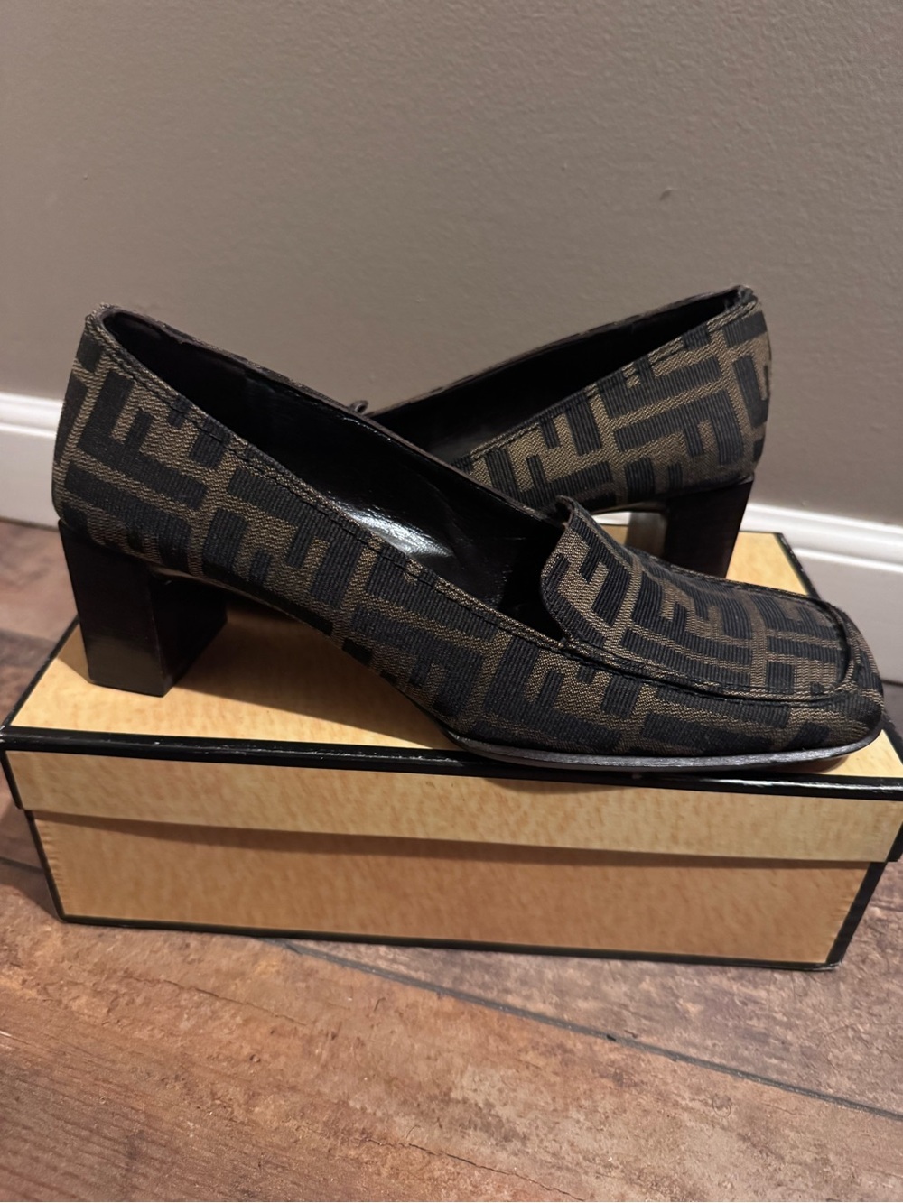 Fendi Black and Brown Monogram Block Heel Loafers